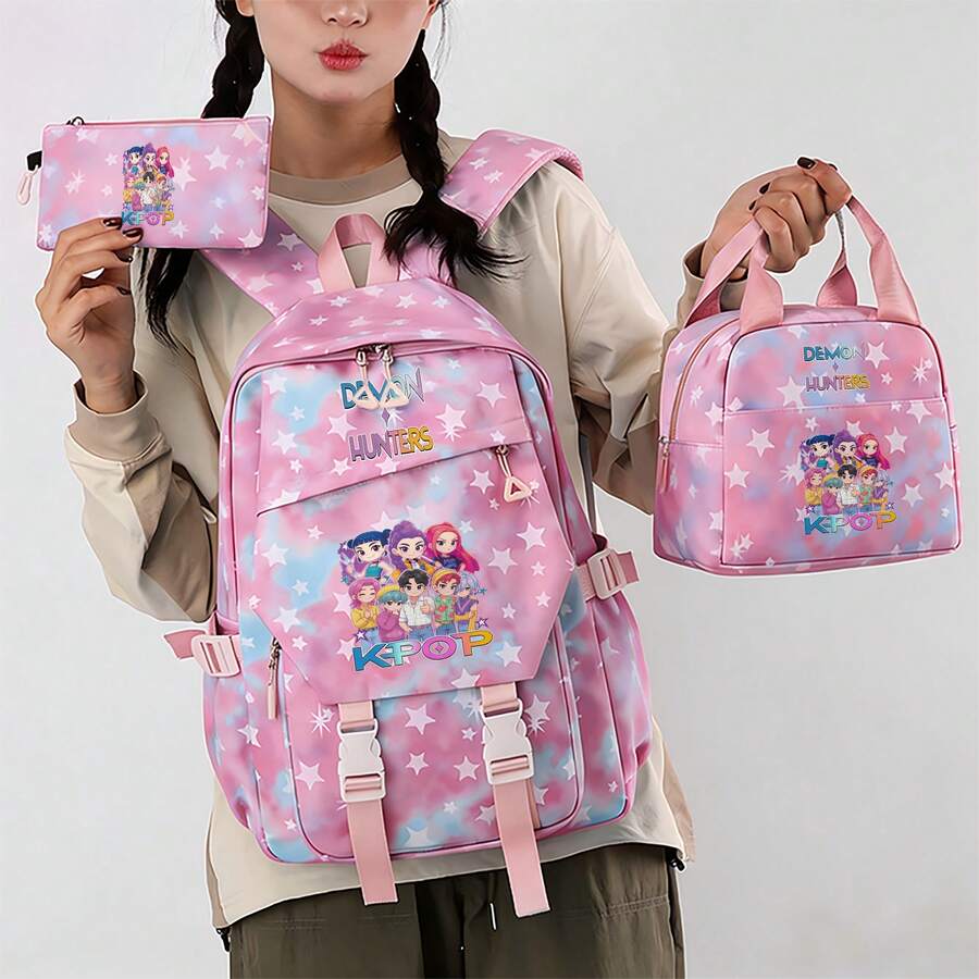 Miniso 3Pcs Star Print Backpack Set, Gradient Pink Blue Tie Dye Rucksack With Matching Lunch Tote & Pencil Case, For Picnic, Weekend Trip, City Walk, Daily O - Pink - View 1