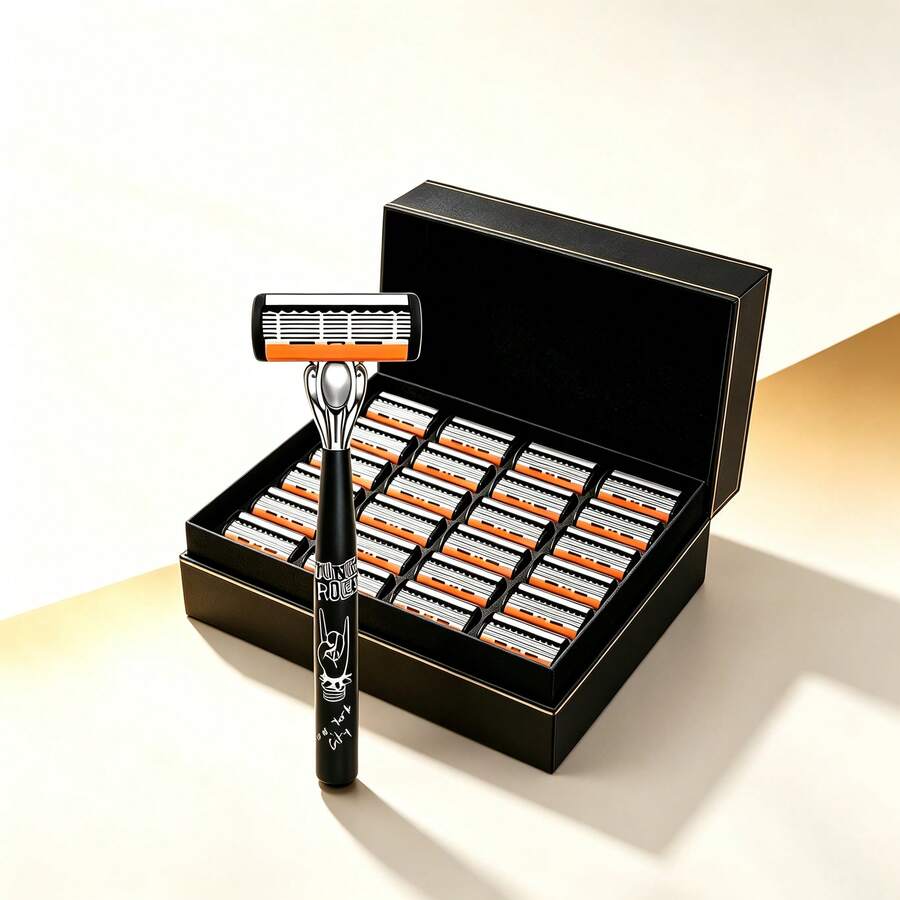31pcs Vintage Punk Rock Style Men's Manual Safety Razor Set, Non-Slip Comfortable Grip Safety Razor, With 30 Extra Replacement Blades, Reusable, Smooth, Comfortable, Clean Shave, Directly Washable, Suitable For Facial Hair, Armpit Hair, Private Areas, Leg Hair, Neutral Fashion Durable Grooming Tool, Elegant Razor Style Suitable For Valentine's Day, Father's Day Gift (No Gift Box)