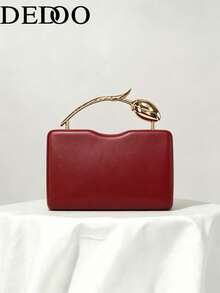 Women's Evening Clutch, Rectangular Hard Shell Handbag, 3D Gold Tulip Top Handle, Minimalist Romantic Bridal Style, Suitable For Weddings, Anniversaries, Dinner Parties - Burgundy - View 8