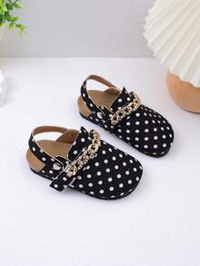 1 Pair Kids Polka Dot Canvas Buckle Half-Slingback Sandals, Adjustable Gold Rhinestone Chain Snap Strap, Anti-Slip Cork Sole, Versatile Casual Shoes For Home And Outdoor, Fashionable Dual-Use, Can Be Worn As Sandals Or Slippers - White - View 6