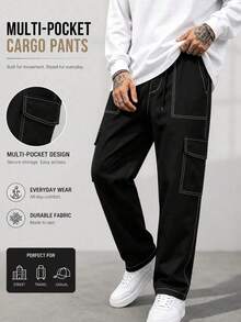 Celana Jogging Pria Model Lurus dengan Tali Serut dan Banyak Saku, Celana Panjang Kasual Luar Ruangan Warna Hitam untuk Olahraga - Hitam - View 3