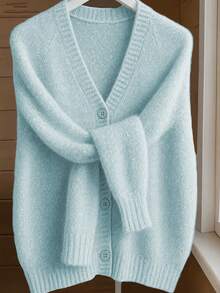 Spring/Autumn Soft Fluffy Long Hair Loose Drop Shoulder Long Sleeve Knit Cardigan, Delicate Texture, Casual Dating Shopping Atmospheric Versatile Outerwear Sweater - Blue - View 2