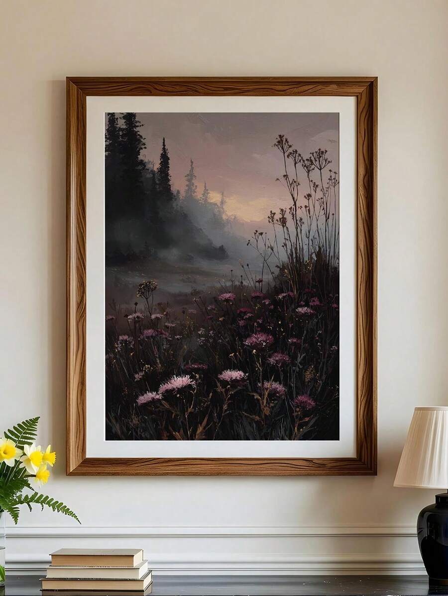 1pc Canvas Wall Art, Framed Wall Decor, Misty Forest Thistle Meadow Sunset Oil Painting, Dark Pastoral Landscape Canvas Wall Art, Vintage Natural Style Wall Decor Poster, Suitable For Living Room, Bedroom, Country Cottage, Log Cabin, Farmhouse Home Wall Decoration, Perfect Country Style Art Gift, Gothic Decor Poster, Room Decor, Home Decor, Holiday Poster - Multicolor - View 1