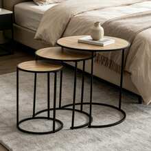 Three Pieces Nested Iron Side Table Set With Round Wooden Tabletops Of Staggered Sizes, Stackable For Space-Saving Use. Ideal As Sofa Side Tables In Living Rooms, Sturdy And Wear-Resistant, With Tiered Dimensions To Meet Diverse Storage Needs. - Random Color - View 7