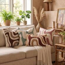 1PC/2PCS Boho Abstract Wave Tufted Throw Pillow Covers, 3D Textured Geometric Square Cushion Cases, Soft Curved Striped Decor Sofa Pillows For Minimalist Wabi-Sabi Neutral Living Room Home Decor, Multiple Colors Available, Pillow Inserts Not Included - Teal Blue - View 6
