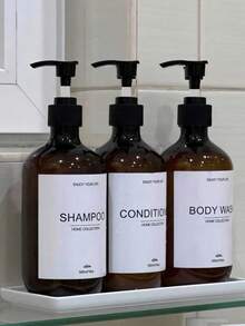 3pcs Reusable 500ml Brown Shampoo, Conditioner, Body Wash Dispenser Bottles With Pump, Bathroom Lotion Dispenser Containers With Waterproof Labels - Multicolor - View 4