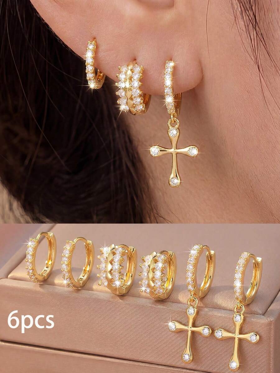 6pcs/Set Vintage Full Rhinestone Plain Band Cross Pendant Earring Set, Suitable For Women's Daily Commute And Prayer Wear