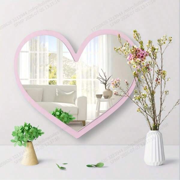 [1pc Heart-Shaped Mirror] Shatterproof Acrylic 1pc Classic Heart-Shaped Wall Mirror | Cartoon Theme Kids Room Decor Mirror, Vertical Hanging, Wooden Frame, No Electricity Required