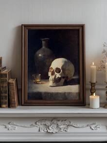 1pc Canvas Wall Art, Framed Wall Decor, Dark Academia Vintage Skull & Whiskey Bottle Still Life Oil Painting Canvas Wall Art, Gothic Gloomy Death Symbol Decor Painting, Suitable For Living Room, Bar, Study, Country Cottage Home Decor, Gift Option, Room Decor, Halloween Bedroom Decor, Home Decor, Horror Gothic Halloween Poster, Halloween Gift - Vintage Skull - View 1