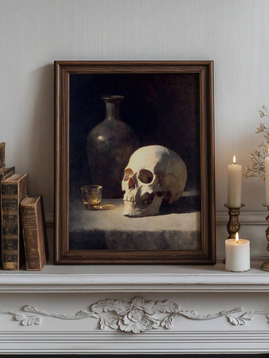1pc Canvas Wall Art, Framed Wall Decor, Dark Academia Vintage Skull & Whiskey Bottle Still Life Oil Painting Canvas Wall Art, Gothic Gloomy Death Symbol Decor Painting, Suitable For Living Room, Bar, Study, Country Cottage Home Decor, Gift Option, Room Decor, Halloween Bedroom Decor, Home Decor, Horror Gothic Halloween Poster, Halloween Gift - Vintage Skull - View 1