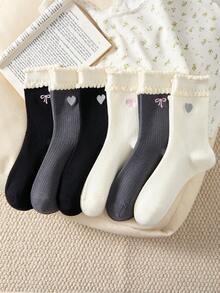 3 Pairs Women's Mid-Calf Socks With Bow And Heart Patterns, Vintage Style Ruffled Socks Suitable For All Seasons, Essential For Autumn, Winter - Multicolor - View 5