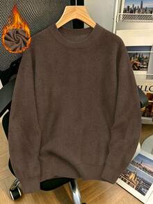 Women's Plus Size Casual Brown Knit Textured Top, Vintage Style, Round Neck, Long Sleeve, Autumn/Winter - Brown - View 4