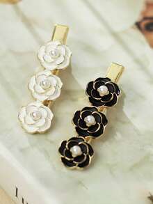 2pcs Vintage French Style Black Camellia Pearl Hair Clips For Women, Versatile Elegant Side-Sweep Straight Clip, Alligator Hair Clip For Loose Hair And Bangs - Hair Clip - View 2