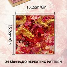 24 Sheets 6X6 Inch Chinese Style Dragon & Cherry Blossom Decorative Paper, Red & Gold Dragon Pattern New Chinese Style Scrapbooking Collage DIY Handmade Material Paper, Suitable For Scrapbooks, Bullet Journals, Greeting Cards, Gift Wrapping - Square - View 3