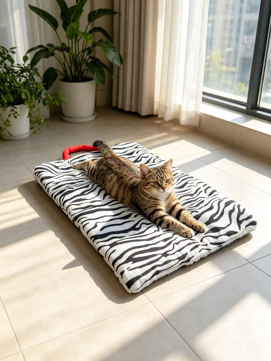 1 buah Alas Kasur Hewan Peliharaan Motif Zebra Minimalis, Dua Sisi Bolak-balik, Alas Kasur Kucing Portabel, Cocok untuk Penggunaan Dalam Ruangan, Dapat Dicuci dengan Mesin - MultiWarna - View 1