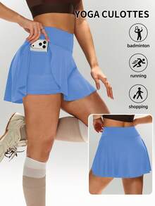 1 Pack Wide Waistband Pleated Sports Skort Blue Skirt With Phone Pockettennis Skirt - Blue - View 1