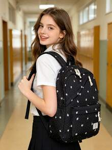 1 Set Fashionable College Style Polka Dot/Floral Pattern Backpack Set, Includes Backpack, Lunch Bag And Pencil Case, With Laptop Compartment, Adjustable Shoulder Straps, Multi-Pocket Large Capacity, Multi-Function School Bag Set, Suitable For Girls/Teenagers/College Students/Graduates Daily Use/Vacation/Travel/Back To School. - 2245 - View 6