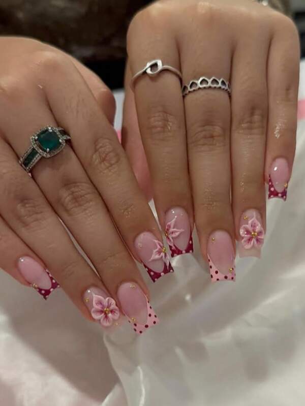 10 pièces Faux ongles carrés moyens faits main, base nude avec pointillé bordeaux et pointes françaises, fleurs de cerisier 3D et perles dorées, ongles faux réutilisables amincissants romantiques viraux pour rendez-vous quotidiens, mariage, fête, voyage, cadeau de manucure populaire pour filles et femmes