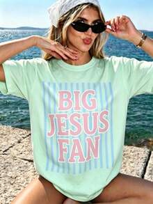 Big Jesus Fan Graphic Top-Loose-Fit Easy Relaxed Style, - Light Green - View 1