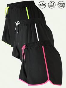 Women's Sweet & Cool Rose Red Trim Quick-Dry Shorts, Street Style Loose Sports Pants, Black Summer Style - Black - View 11