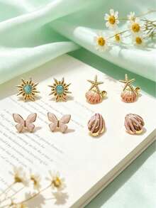 Fresh Summer Ins Gloss Glaze Multi Earrings,Sunflower&StarfishShell&Butterfly&StripedBallEnamel,304Steel,LightweightAccessoryForStudentDailySchoolWear - Multicolor - View 1