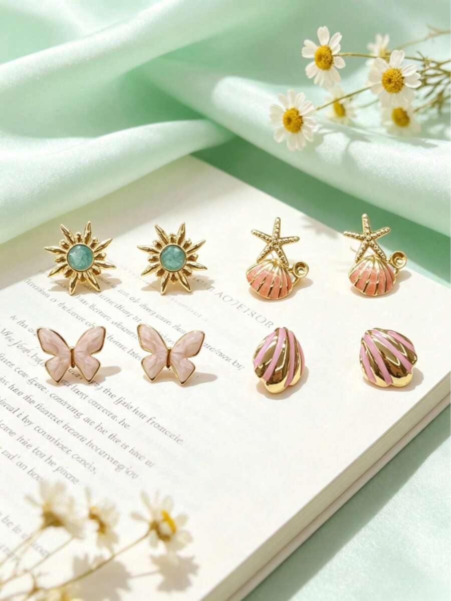 Fresh Summer Ins Gloss Glaze Multi Earrings,Sunflower&StarfishShell&Butterfly&StripedBallEnamel,304Steel,LightweightAccessoryForStudentDailySchoolWear - Multicolor - View 1