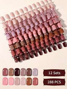 288 pièces (12 couleurs) Pointes d'ongles à coller de couleur unie rectangulaires, marron, marron clair, kaki, camel, ensemble de faux ongles acryliques courts parfaitement ajustés, convient aux femmes et aux filles pour le travail quotidien, les fêtes de vacances et autres occasions - Multicolore - Voir 4