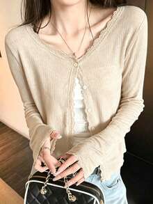 春/夏新款蕾絲拼接荷葉邊軟針織開襟衫輕量防曬外套上衣女款 - 杏色 - 查看 2