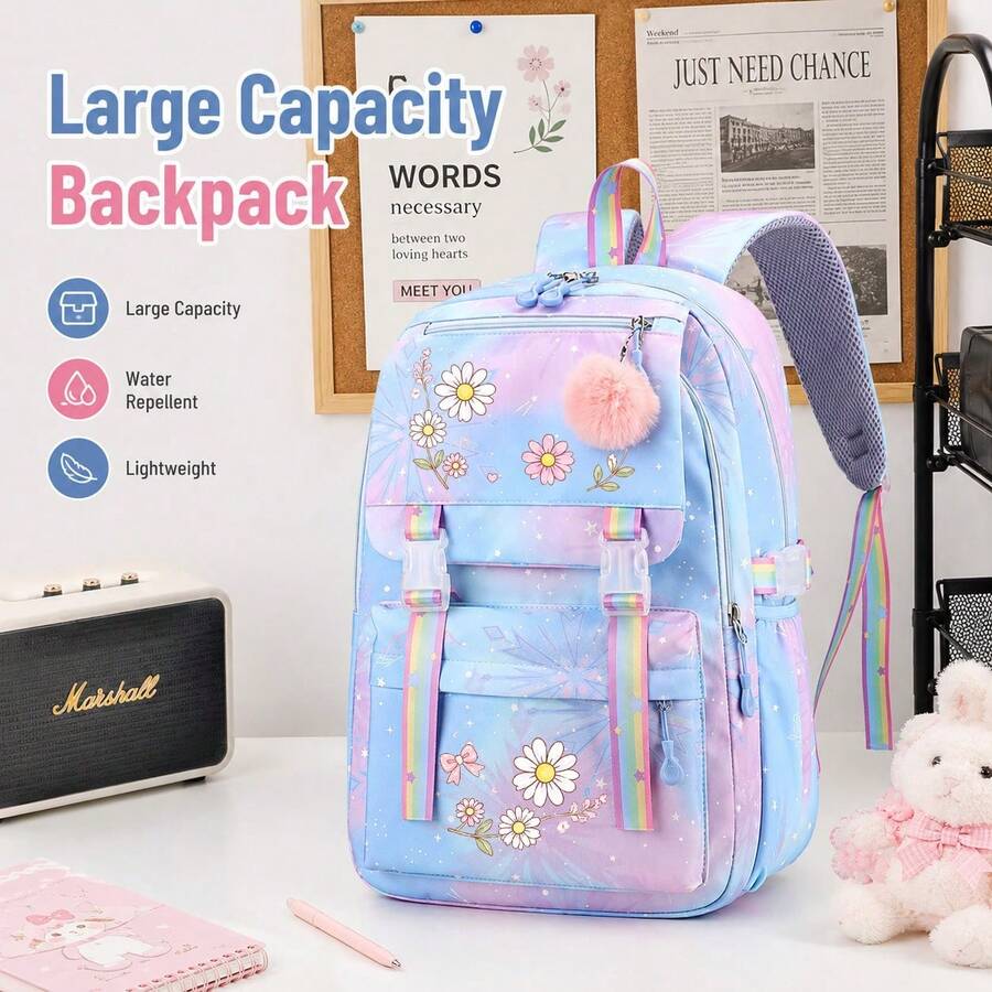 Large Capacity Bag With Cartoon Flower Design, Lightweight Style Bag Suitable For Everyday Use,Back To School Supplies Essentials - Multicolor - View 1
