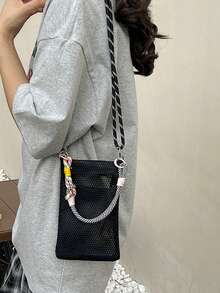 1pc Mini Solid Color Embroidered Soft Hollow Out Colorful Strap Handbag Shoulder Crossbody Bag Phone Wallet For Shopping And Travel,Wristlet - Multicolor - View 6