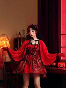 2pcs Halloween Women's Costume Shawls, Little Red Riding Hood Lace Patchwork Hooded Capes, Carnival Christmas Party, Festival Performance Props - Multicolor - View 10