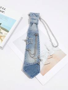 1PC Vintage Washed Light Blue Denim Tie With Rhinestone Star Chain, Y2K Millennium Hot Girl Shirt Decorative Mini Tie - Light Denim Stars - View 5