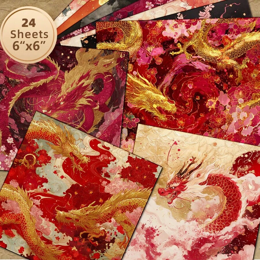 24 Sheets 6X6 Inch Chinese Style Dragon & Cherry Blossom Decorative Paper, Red & Gold Dragon Pattern New Chinese Style Scrapbooking Collage DIY Handmade Material Paper, Suitable For Scrapbooks, Bullet Journals, Greeting Cards, Gift Wrapping - Square - View 1