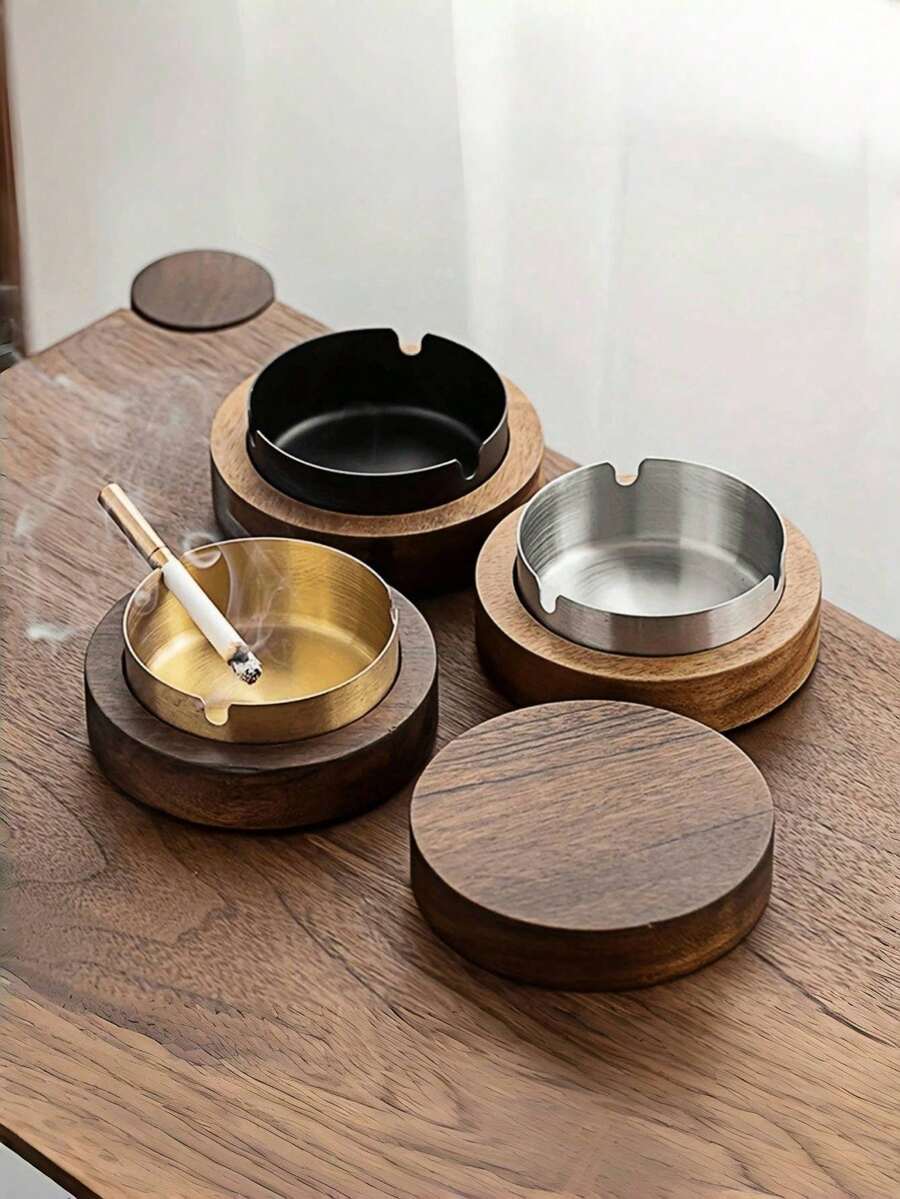 Walnut Desktop Ashtray With Stainless Steel Windproof Lid, Gift Office/Home Decor Smoking Accessories (Wood Shell, Slight Texture/Color Difference From Picture, Normal Use) Portable Decorative Ashtray For Outdoor Indoor Parties - One Size - View 1