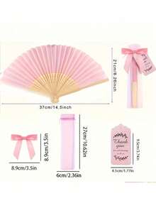 1-69pcs Pink Bamboo Folding Hand Fan Set With Organza Bag, Satin Ribbon Bow And Thank You Card, Wedding Guest Favors, Summer Party Handheld Fan, Bridesmaid Gift, Bridal Shower And Outdoor Wedding Decor - Multiple Styles - View 6