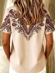 Vintage Western Print Women's Plus Size Short Sleeve Button-Up Blouse - Apricot - View 2