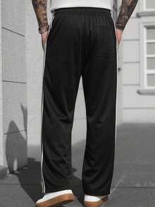 Men's Striped Straight Leg Casual Sports Long Pants, Loose Straight Leg, Elastic Drawstring, Straight Loose Fit Black Fall - Black - View 2