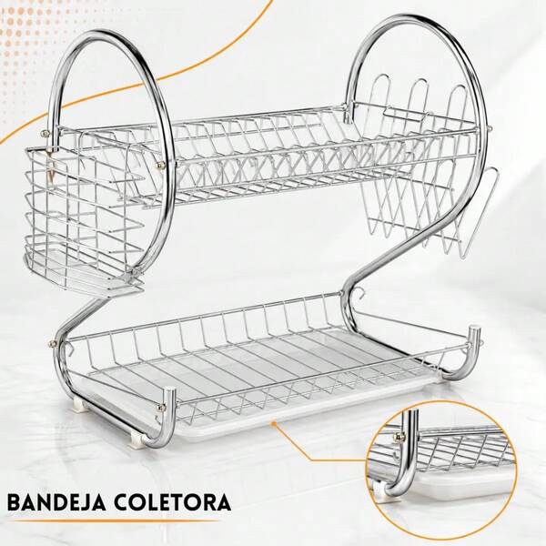 Escorredor de Louça 2 Andares Inox com Porta Talheres Bandeja Coletora e Suporte para 14 Pratos