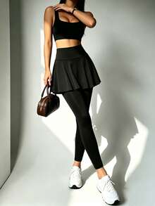 Women's High Waist 2 In 1 Pleated Tennis Skort Leggings, Perfect Gift Choice Black Sports - Black - View 2