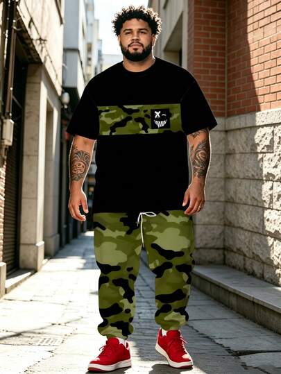 Men's Street Casual Minimalist Series "Camouflage & Evil Smile" Pattern Sports Set - Polyester Knit Fabric, Crew Neck Design, Drawstring Cuffed Pants, Pocket Details, Regular Fit, Suitable For Plus Size