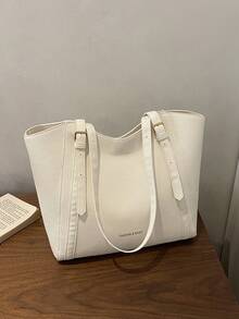 Fashionable New Solid Color Large Capacity Letter Label Design Shoulder Bag, Minimalist Practical Commuter Style Women's Bag - White - View 7