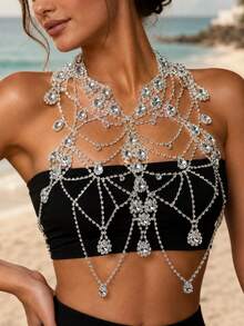 1pc Nightclub Bling Tassel Rhinestone Bra, Summer Beach Party Fashion Bikini Crystal Chest Chain - Silver - View 3