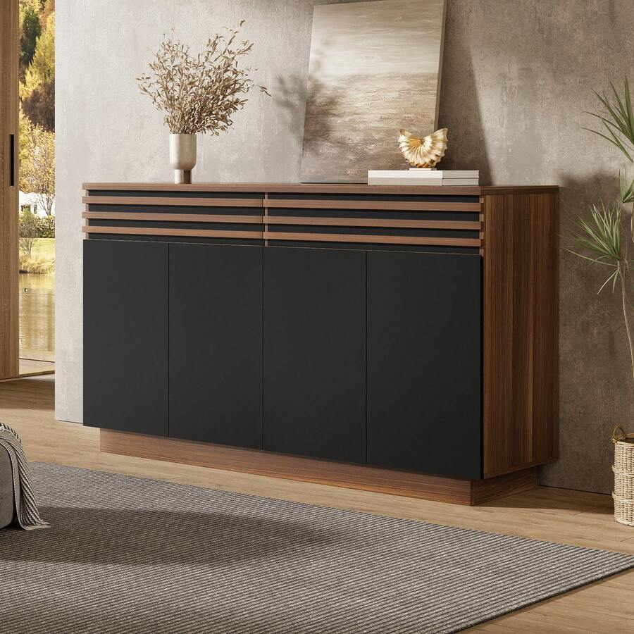 Modern Sideboard 150 X 40 X 85 Cm In Brown Wood Effect Black Doors - Lots Of Storage Space - 黑色和棕色 - 查看 1