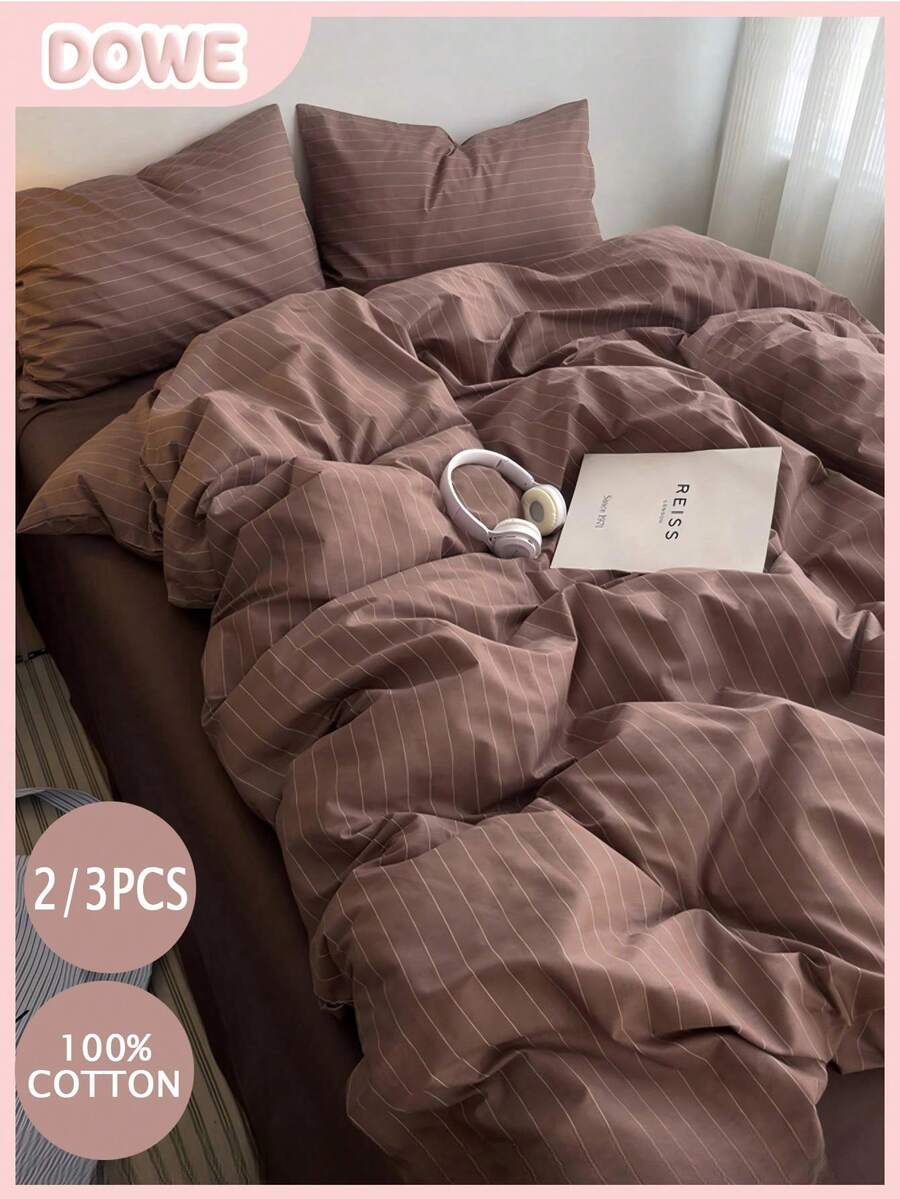 2/3件組 100%純棉條紋被套組（不含被芯）- 柔軟透氣床上用品（1件被套 + 1/2件枕套），現代條紋印花床品，適用於臥室/客房，居家與宿舍必備裝飾，四季舒適床上用品套裝 - 彩色 - 查看 1