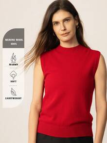 Chaleco de mujer 100% lana merino pura, top de punto sin mangas con cuello alto, top de capa base de lana, prenda exterior básica de invierno para mujer, suéter de punto para primavera y otoño, suéter de punto de invierno, suéter de punto elegante para mujer, suéter de lana de invierno - Rojo - Ver 4