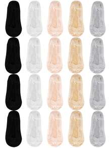 chuanwa（2） 1/5/10 Pairs Women's Summer Solid Color Transparent Lace No-Show Low-Cut Boat Socks, Invisible Silicone Anti-Slip Soft Comfortable Breathable - Multicolor - View 9