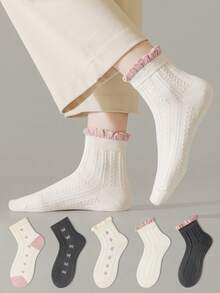 ZUJO 5 Pairs Women's Ruffle Pink Short Socks, Floral & Bow & Cable Knit Pattern, Suitable For All Seasons, Simple & Comfortable, Random Color - Multicolor - View 3