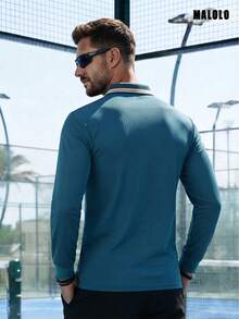 Men's Teal Long Sleeve Polo Shirt, Contrast Striped Collar, Regular Fit, Classic Casual Golf Work Everyday Basic Top - Teal Blue - View 3