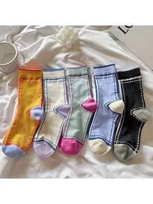 5 Pairs Women's Colorful Striped Mid-Calf Socks, Korean Style Fashion Sports Socks, Solid Color - Multicolor - View 9