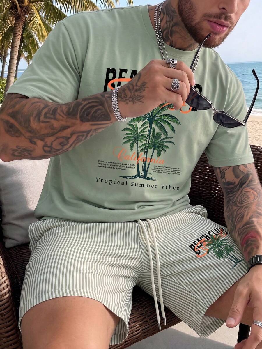Men's Versatile Palm Tree Print Round Neck Short Sleeve T-Shirt And Casual Striped Shorts Beach Set, Summer - Olive Green - View 1